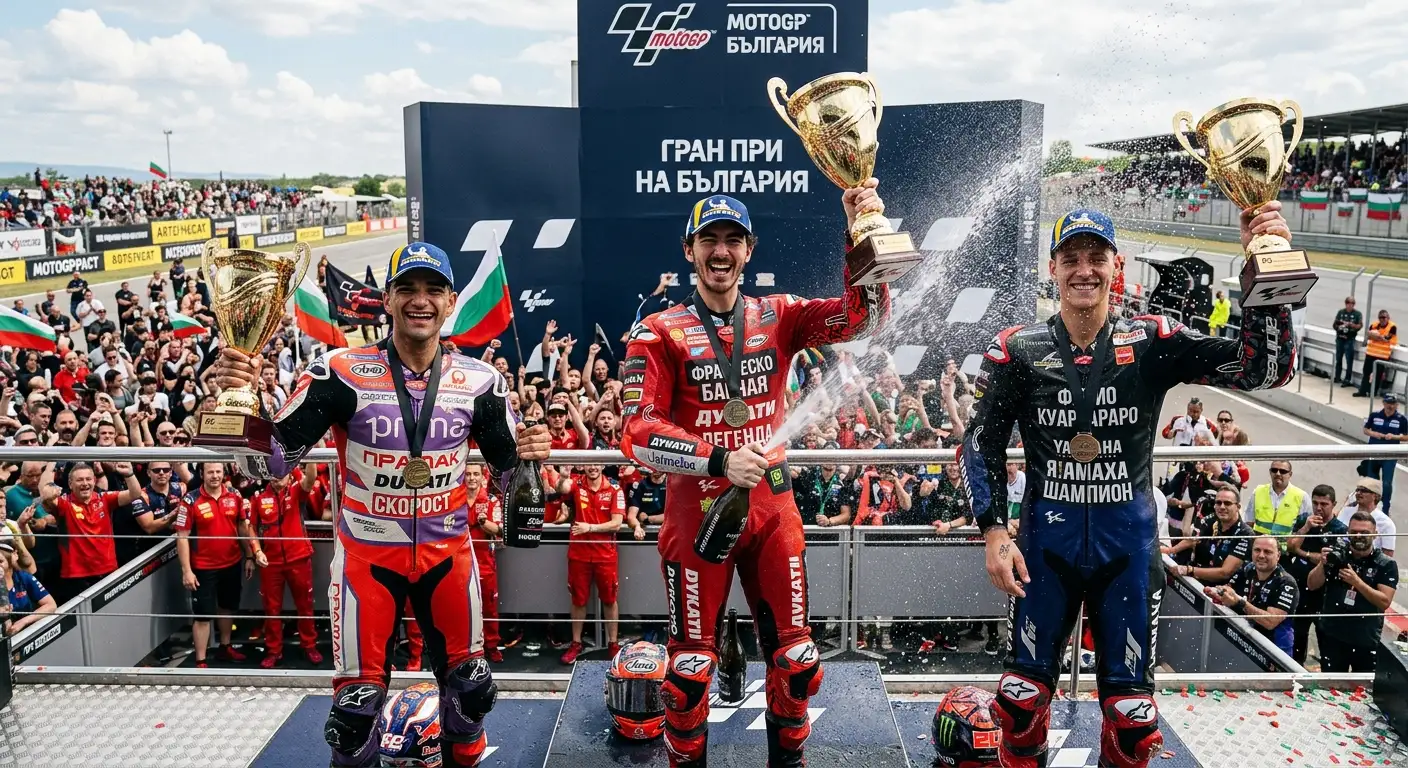 Тримата на подиума след състезание в MotoGP