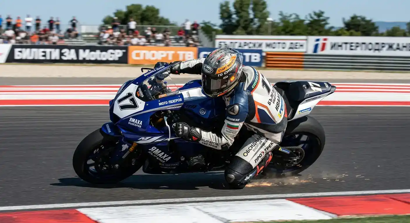 Състезател от MotoGP накланя мотоциклета си в завой на пистата