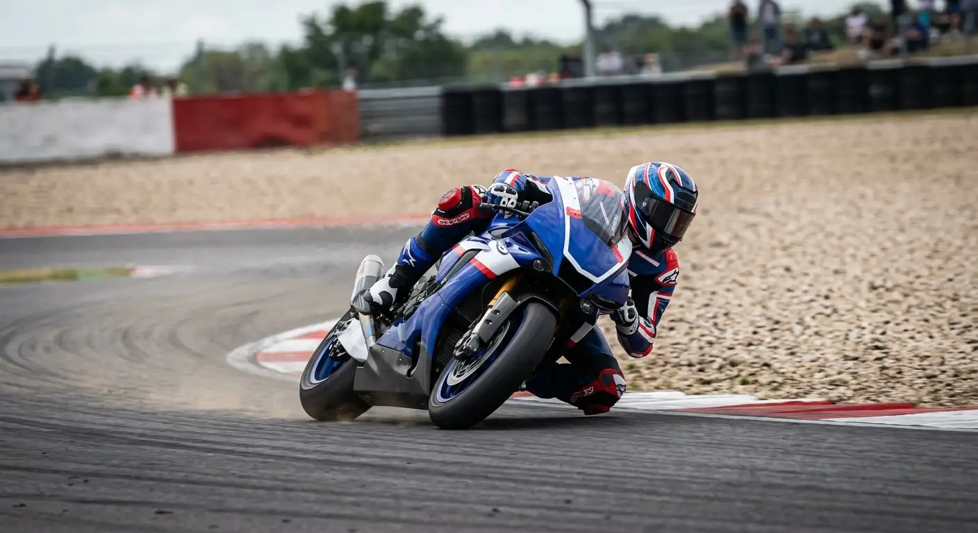 Мотоциклетист от MotoGP в остър завой по време на състезание
