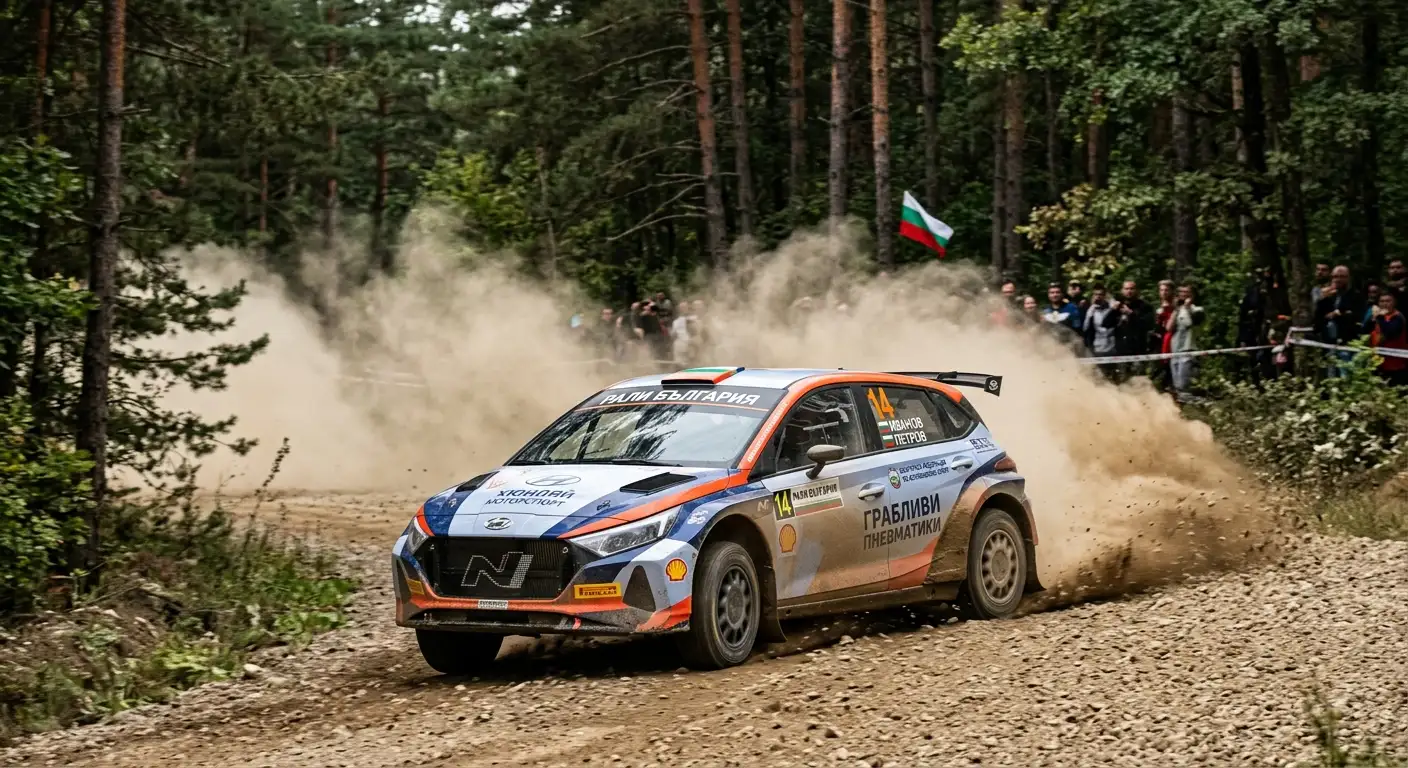Рали автомобил WRC по чакълест етап вдига прах